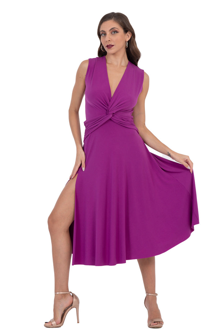 Plunge Neck Tango Dress With Twist Knot Detail