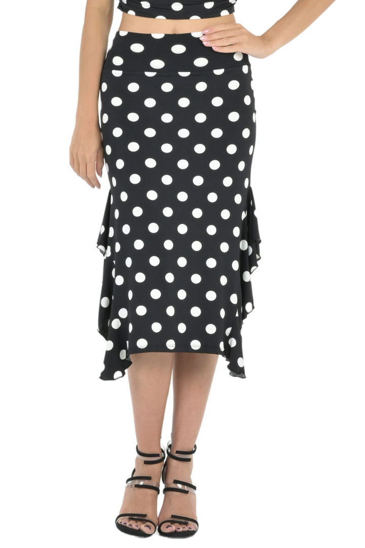 Polka-Dot Bodycon Midi Dance Skirt With Side Ruffles