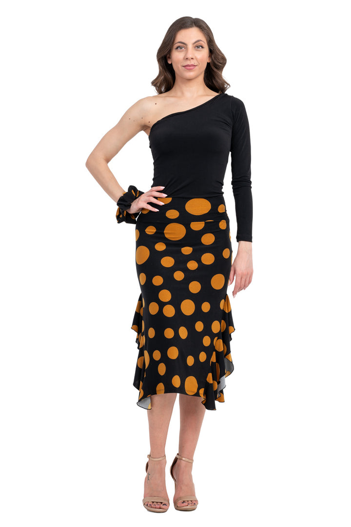 Polka-Dot Bodycon Midi Dance Skirt With Side Ruffles