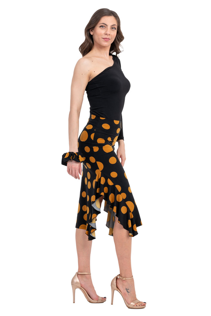 Polka-Dot Bodycon Midi Dance Skirt With Side Ruffles
