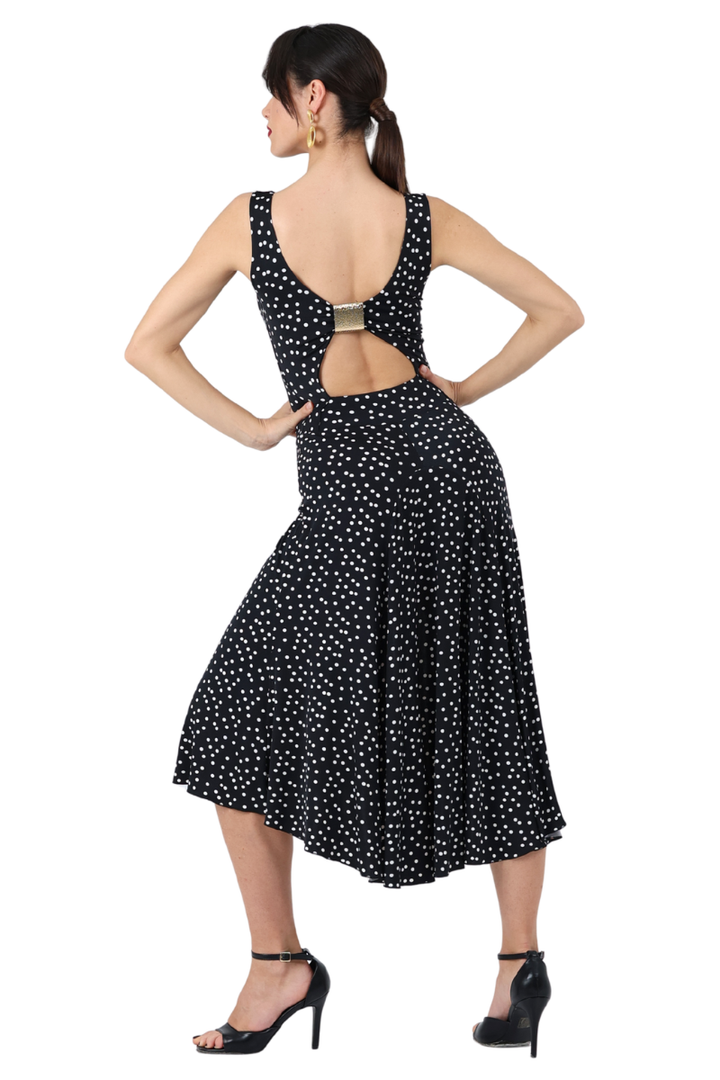Polka Dot Dress With Cutout Back & Metallic Detail