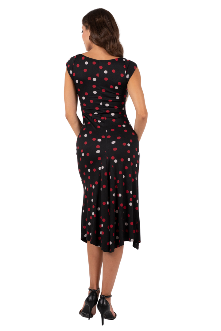 Polka Dot Dress With Front Ruffles And Gatherings