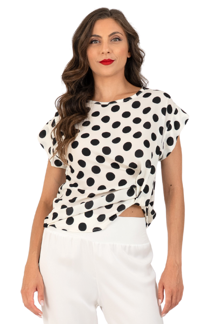 Polka Dot Georgette Blouse With Gathered Hem