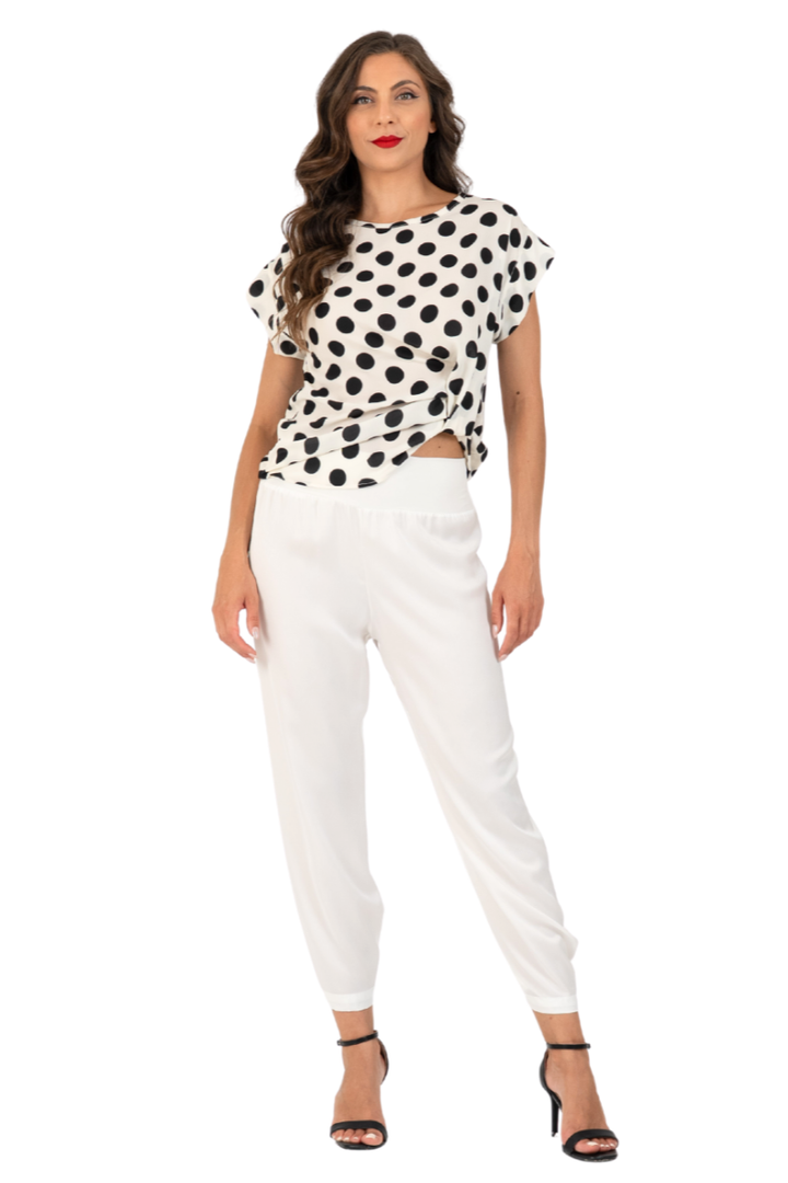 Polka Dot Georgette Blouse With Gathered Hem