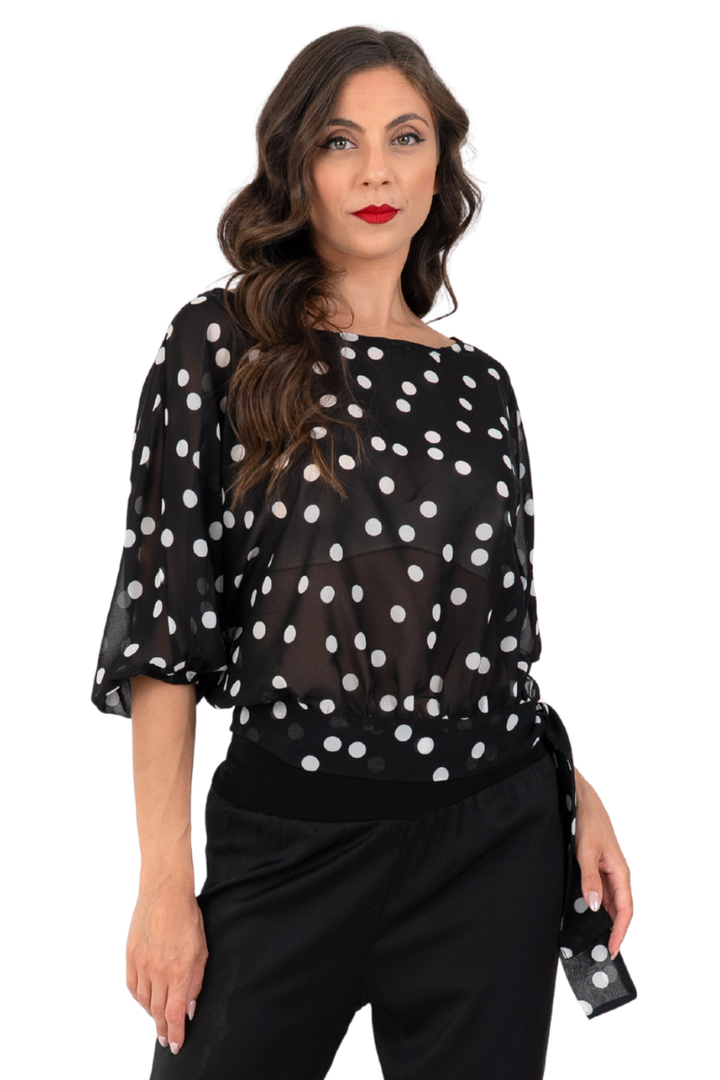 Polka Dot Georgette Blouse With Balloon Sleeves