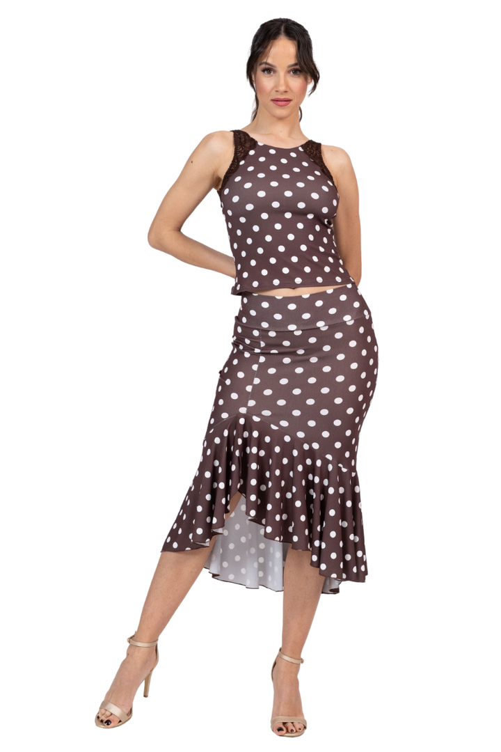 Polka Dot Keyhole Back Top With Lace