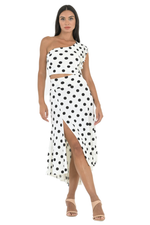 Load image into Gallery viewer, Polka Dot One Shoulder Crop Top With Ruffled Sleeve
