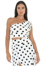 Load image into Gallery viewer, Polka Dot One Shoulder Crop Top With Ruffled Sleeve
