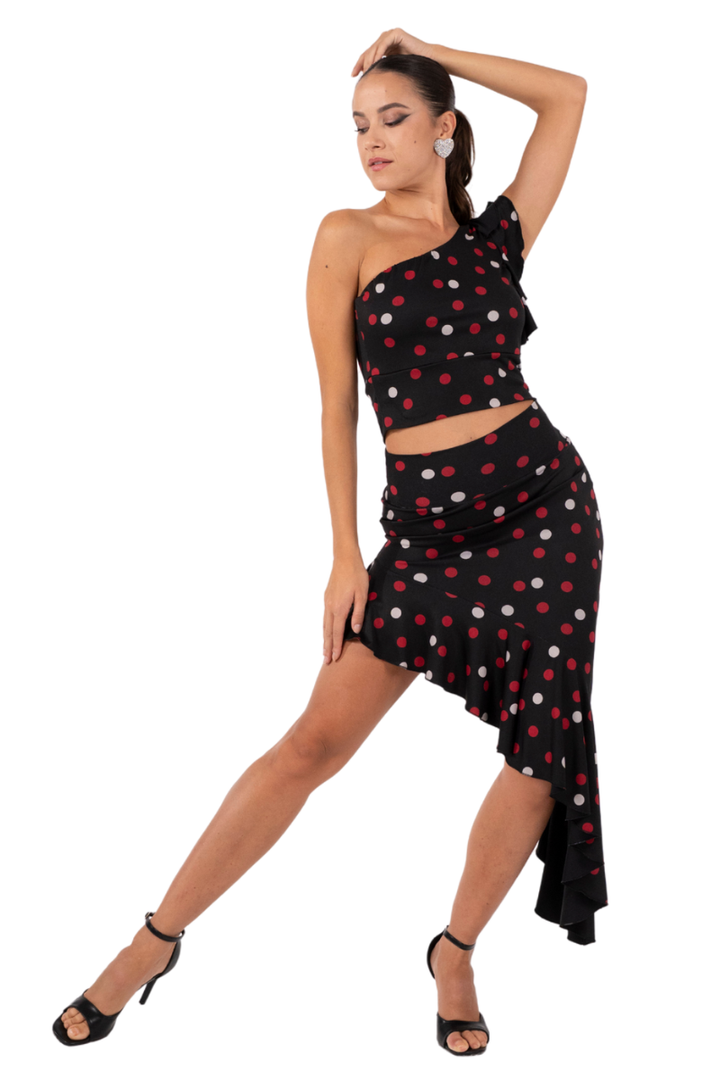 Mixed Polka Dot One Shoulder Crop Top With Ruffles
