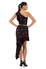 Load image into Gallery viewer, Woman wearing a black one-shoulder dress with red and white polka dots on a white background
