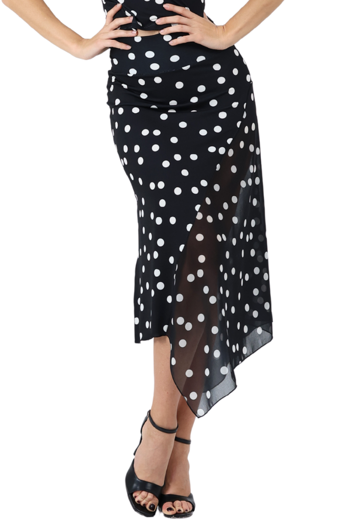 Polka Dot Asymmetric Midi Tango Skirt With Panel