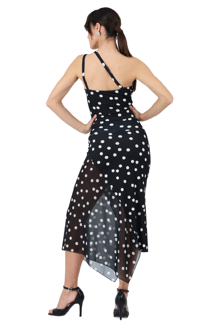 Polka Dot Asymmetric Midi Tango Skirt With Panel