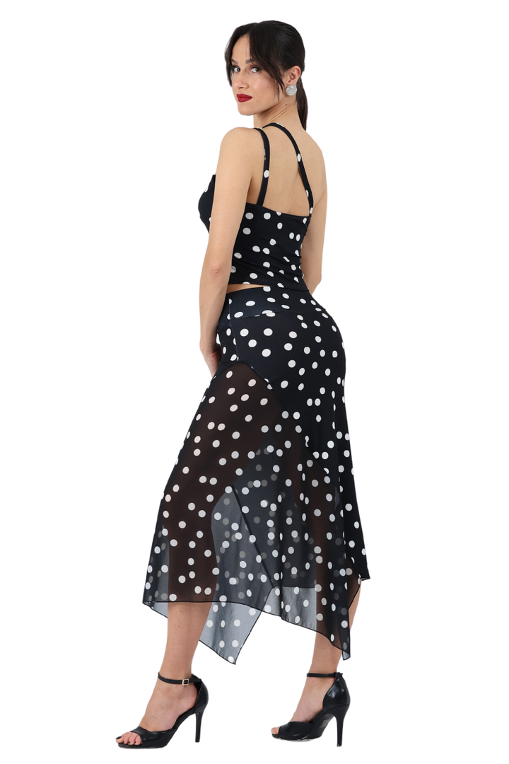 Polka Dot Asymmetric Midi Tango Skirt With Panel