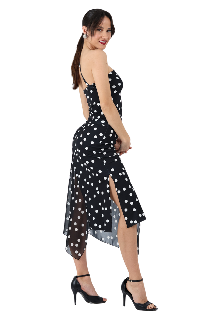 Polka Dot Asymmetric Midi Tango Skirt With Panel