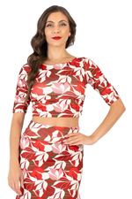 Load image into Gallery viewer, Red Botanic Gathered Dance Top With Half Sleeves