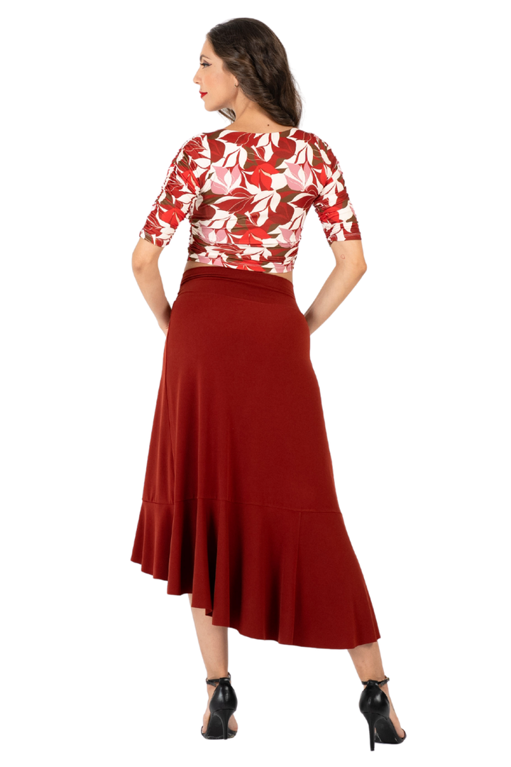 Red Botanic Gathered Dance Top With Half Sleeves