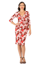 Load image into Gallery viewer, Red Botanic Print Faux Wrap Dress