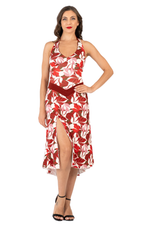 Load image into Gallery viewer, Red Botanic Print Halterneck Tango Dress
