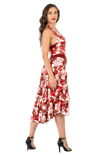 Load image into Gallery viewer, Red Botanic Print Halterneck Tango Dress