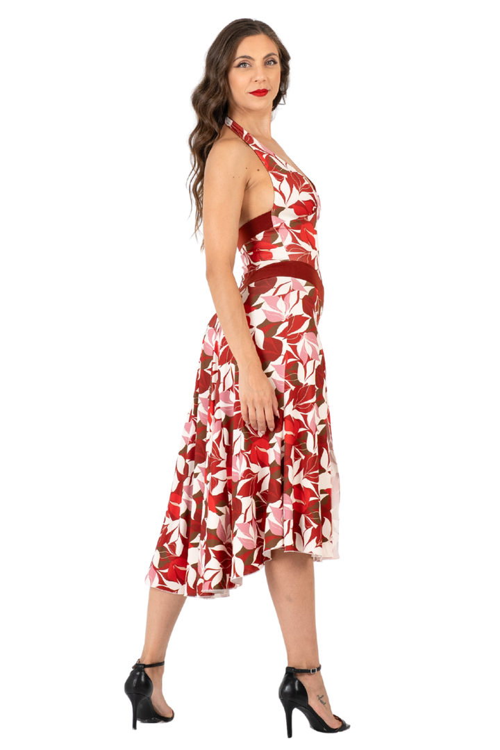 Red Botanic Print Halterneck Tango Dress
