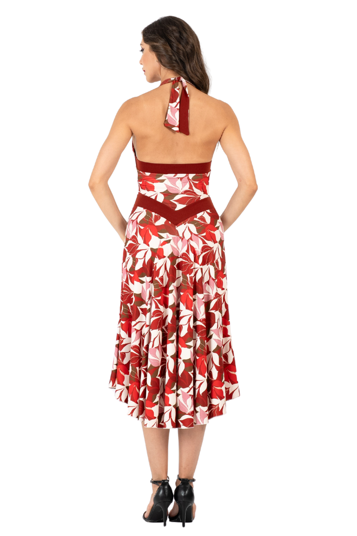 Red Botanic Print Halterneck Tango Dress