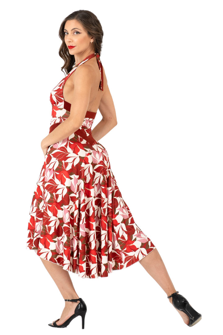 Red Botanic Print Halterneck Tango Dress