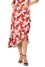 Load image into Gallery viewer, Red Botanic Print Ruffle Hem Wrap Dance Skirt