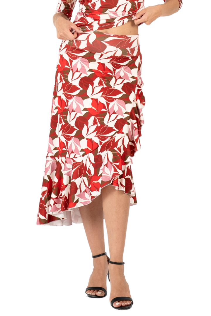 Red Botanic Print Ruffle Hem Wrap Dance Skirt