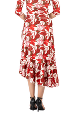 Load image into Gallery viewer, Red Botanic Print Ruffle Hem Wrap Dance Skirt