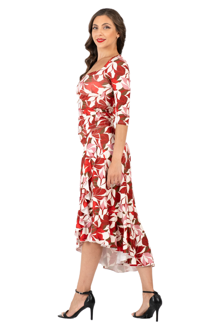 Red Botanic Print Ruffle Hem Wrap Dance Skirt