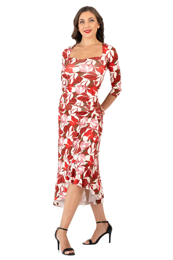 Red Botanic Print Ruffle Hem Wrap Dance Skirt