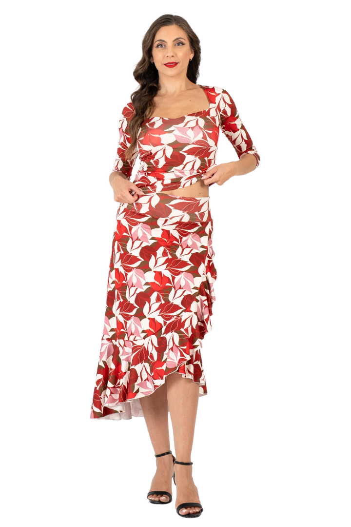 Red Botanic Print Ruffle Hem Wrap Dance Skirt