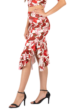 Load image into Gallery viewer, Red Botanic Print Skirt With Side Ruffles