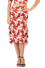 Load image into Gallery viewer, Red Botanic Print Skirt With Side Ruffles