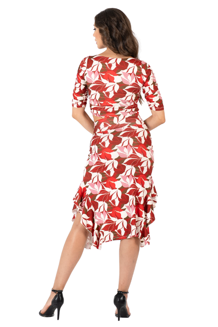 Red Botanic Print Skirt With Side Ruffles