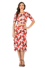 Load image into Gallery viewer, Red Botanic Print Skirt With Side Ruffles