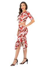 Load image into Gallery viewer, Red Botanic Print Skirt With Side Ruffles