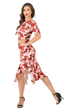Load image into Gallery viewer, Red Botanic Print Skirt With Side Ruffles