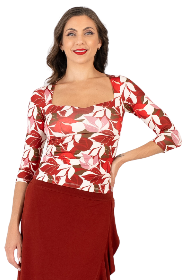 Red Botanic Print Square Neckline Top With Sleeves