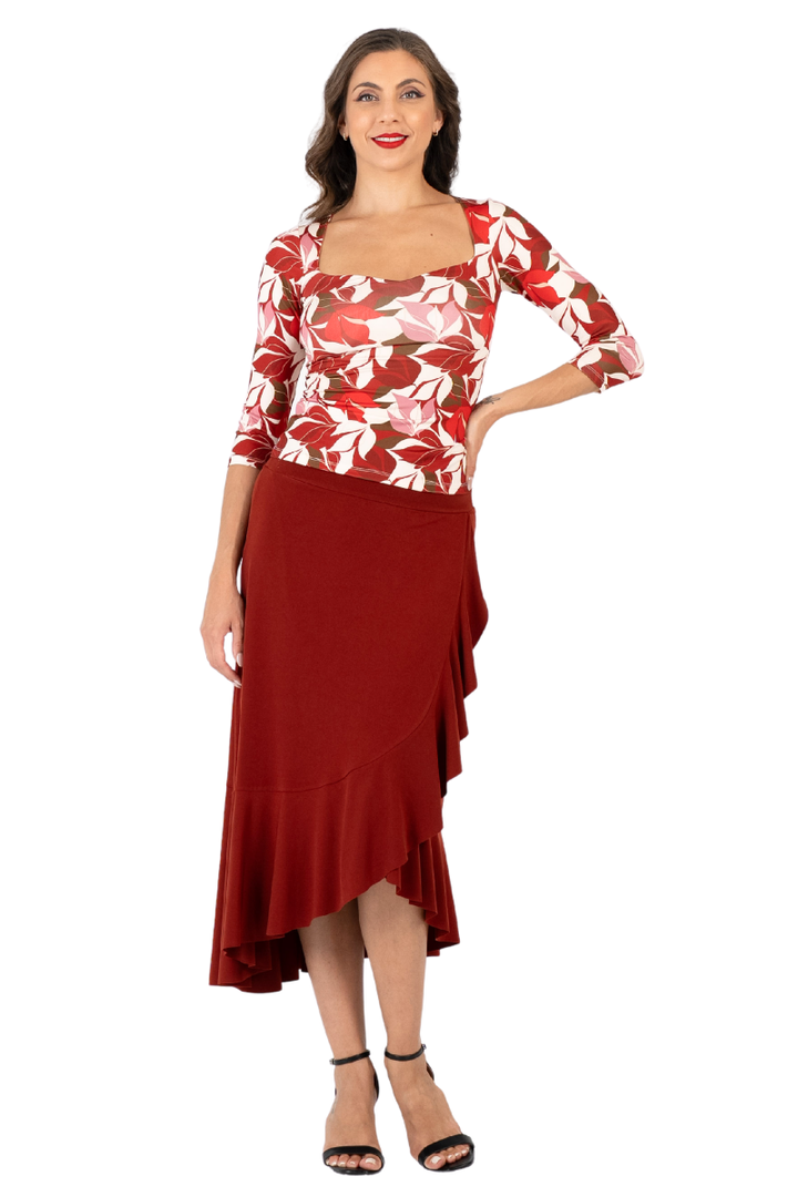 Red Botanic Print Square Neckline Top With Sleeves
