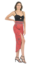 Load image into Gallery viewer, Red Ethnic Print Tango Skirt With Curved Front Slit
