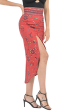 Load image into Gallery viewer, Red Ethnic Print Tango Skirt With Curved Front Slit
