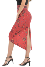 Load image into Gallery viewer, Red Ethnic Print Tango Skirt With Curved Front Slit
