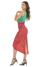 Load image into Gallery viewer, Red Ethnic Print Tango Skirt With Curved Front Slit
