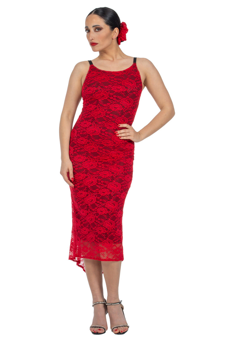 Red Lace Tango Dress With Slitted Tail