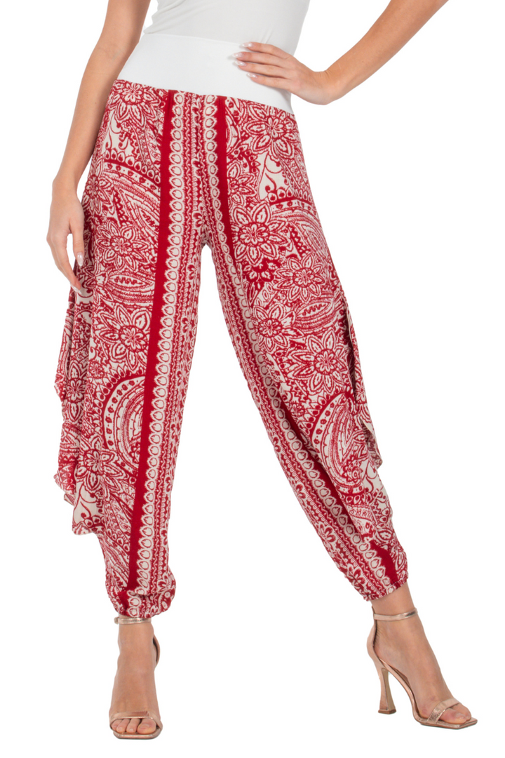 Red Mandala Paisley Print Harem Pants With Slits
