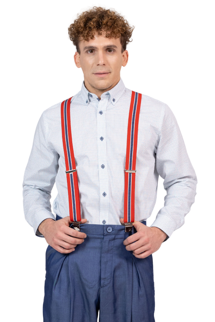 Red Men's Adjustable Suspenders With Blue Stripe