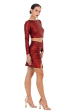 Load image into Gallery viewer, Red Metallic Long Sleeve Crop Top