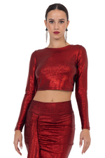 Load image into Gallery viewer, Red Metallic Long Sleeve Crop Top
