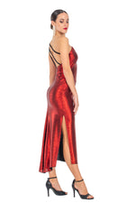 Load image into Gallery viewer, Red Metallic One-Shoulder Tango Dress With Side Slit
